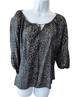 Express Design Studio Black Gray Leaf Print Silk Blouse XS 3/4 Sleeves Sheer
